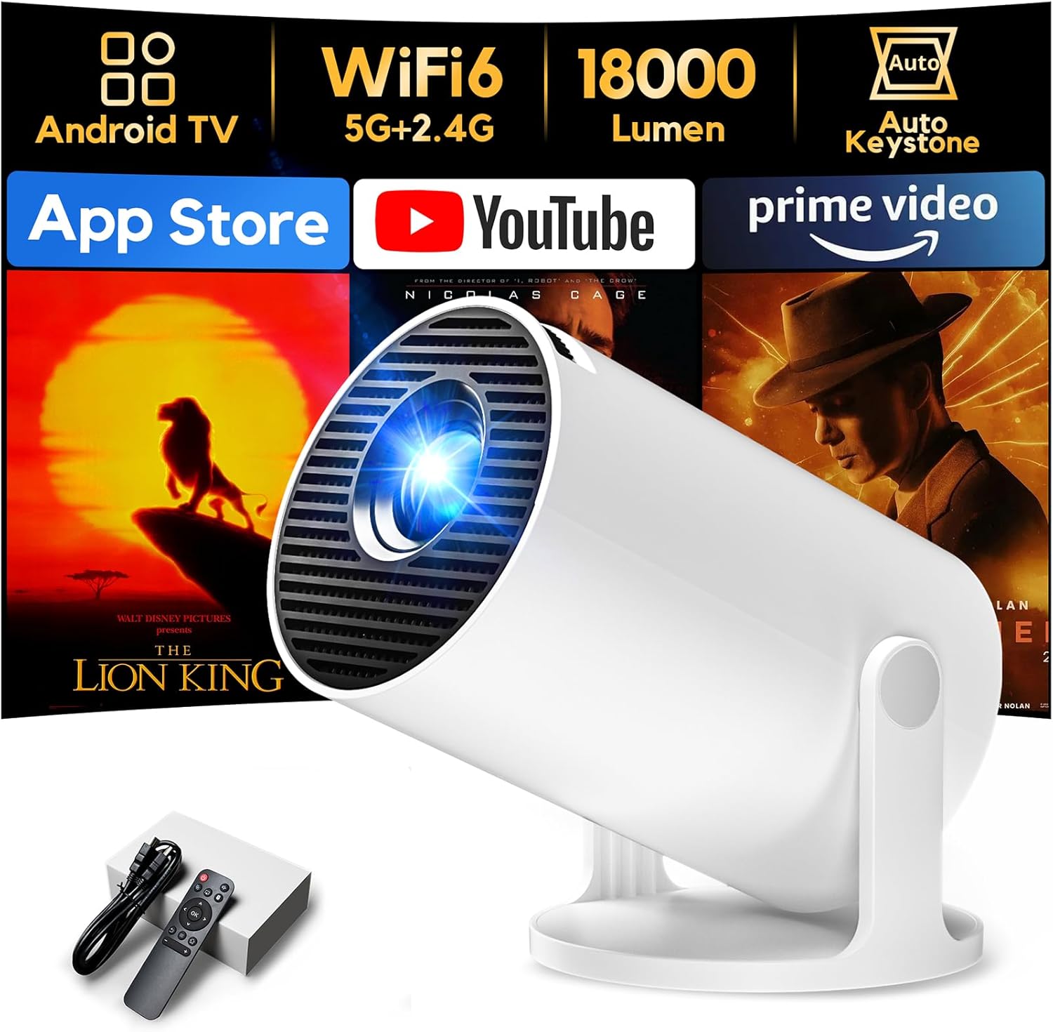 AKIYO O2 Projector, Built-in Apps, 1080P Support, Auto Keystone, WiFi 6, 18000L, 180° Rotation, 4K Supported — image 7