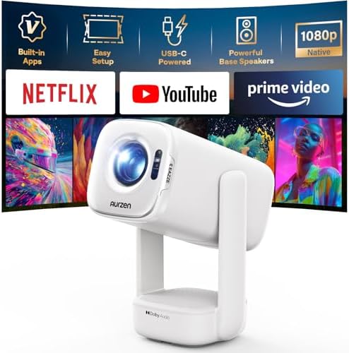 Aurzen D1 Air Portable Projector, Built-in Netflix App, ToF Focus, Native 1080P, 16W Dolby Audio, 65W+ USB-C Power