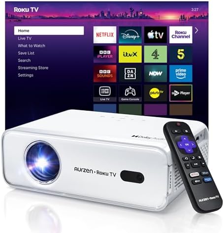 Aurzen Roku TV Projector for Bedroom, Roku Streaming Experience Built-in, 1080P FHD, Dolby Audio, Auto Focus & Keystone