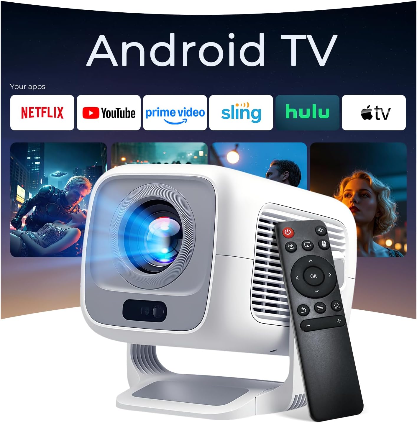 LYNCAST Smart Projector for Bedroom, Native 1080P, AI Auto Focus, 600 ANSI, 4K Support, WiFi 6 and Bluetooth 5.4, Android 11, 270° Rotatable — image 7