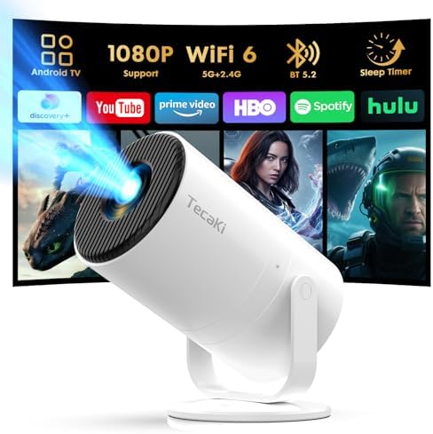 Tecaki Android 14 Mini Projector with Bluetooth 5.2 & WiFi 6, Built-in Apps, 180° Rotatable, Auto Keystone, 1080P Portable