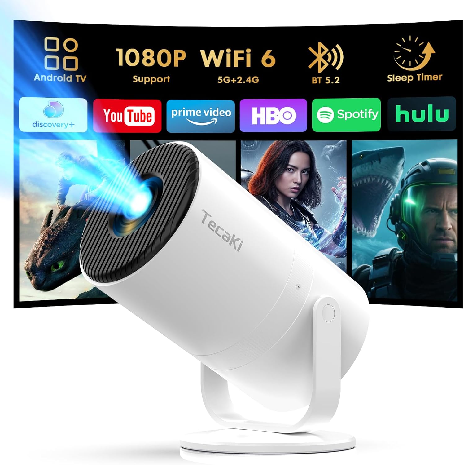Tecaki Android 14 Mini Projector with Bluetooth 5.2 & WiFi 6, Built-in Apps, 180° Rotatable, Auto Keystone, 1080P Portable — image 8