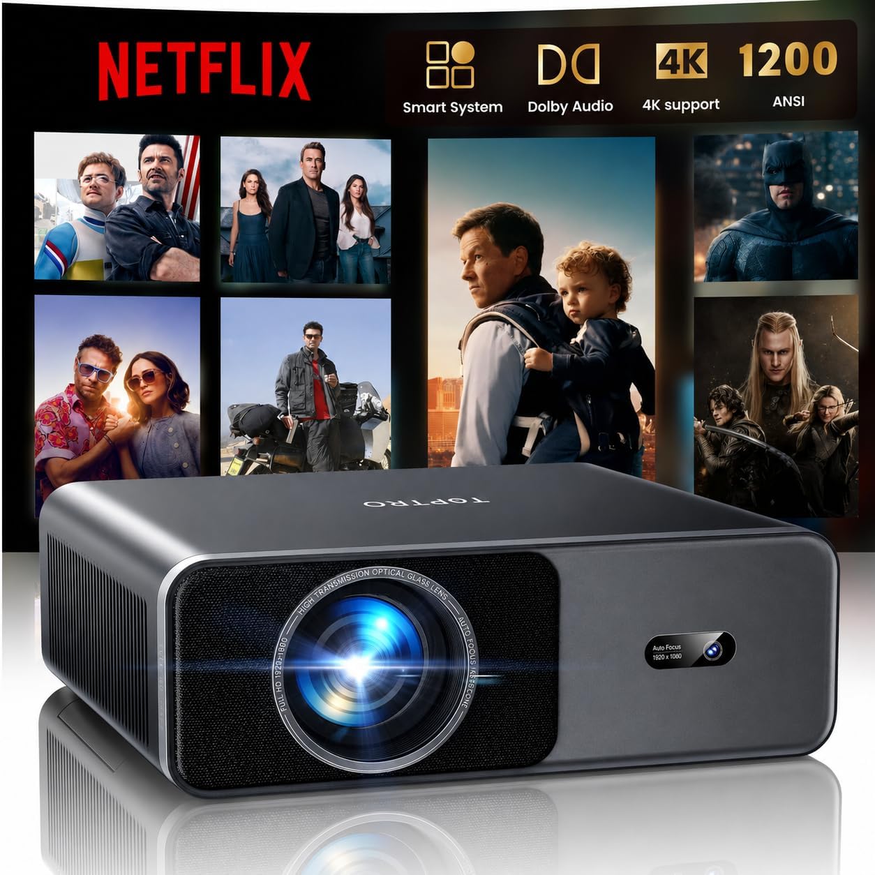 TOPTRO A1 Projector 4K, 1200ANSI Home Cinema Projector, Built-in Apps, 20W Dolby Audio, FHD 1080P Portable Smart Projector with Auto Focus/Keystone, WiFi 6 Bluetooth — image 7