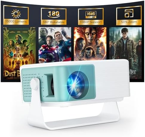WOLFANG Mini Projector, Home Cinema Projector for Bedroom, Portable 1080P Full HD Supported, Auto Keystone, 50% Zoom, 180° Rotation
