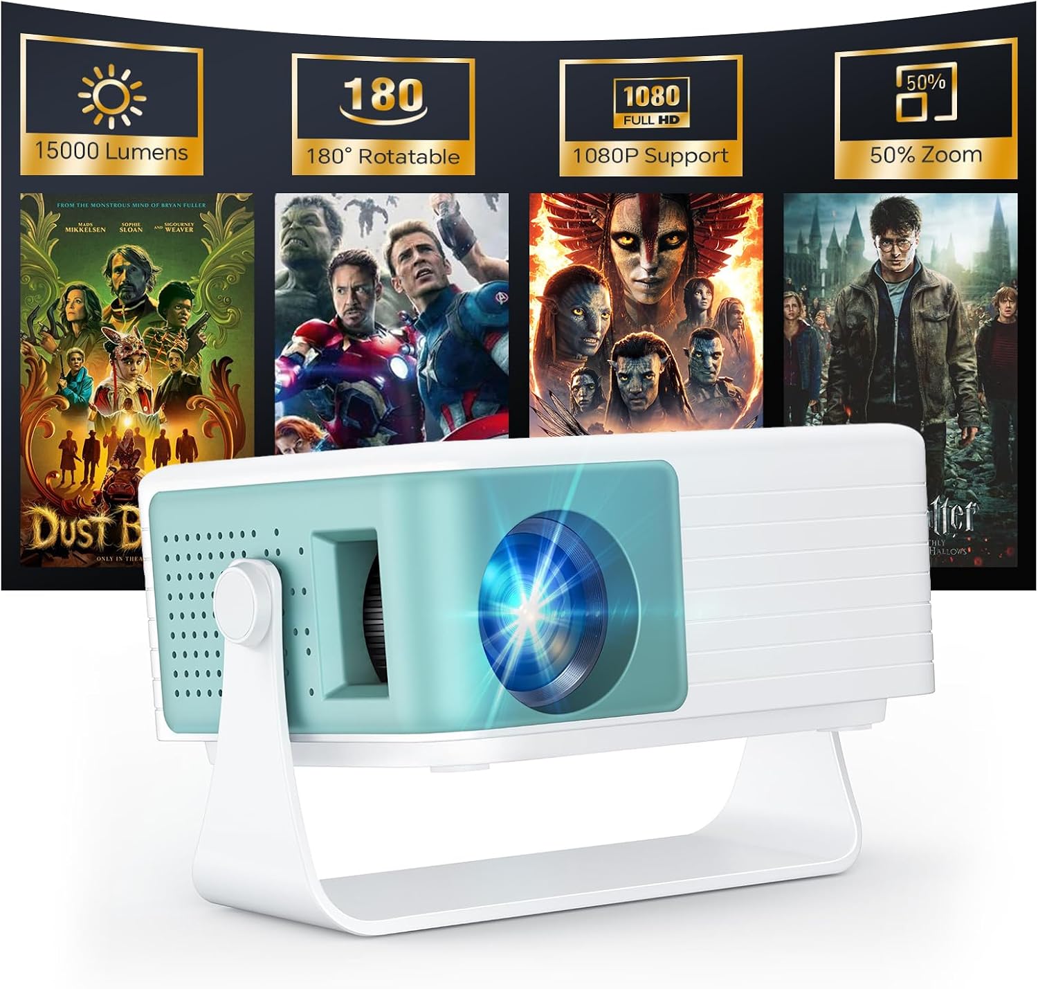 WOLFANG Mini Projector, Home Cinema Projector for Bedroom, Portable 1080P Full HD Supported, Auto Keystone, 50% Zoom, 180° Rotation — image 7